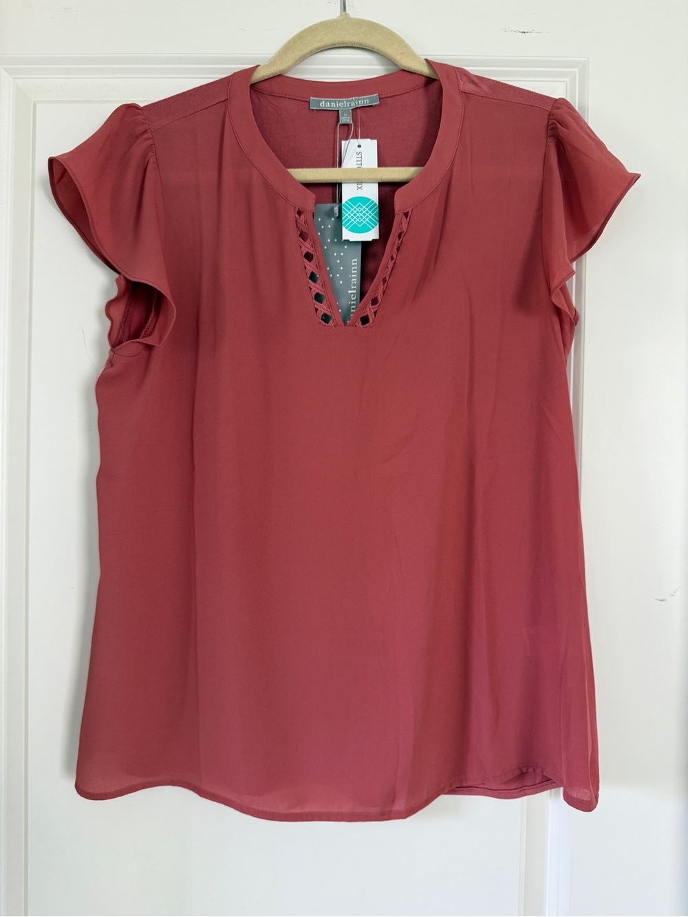 Daniel Rainn Flutter Sleeve V-Neck Blouse in Rosewood